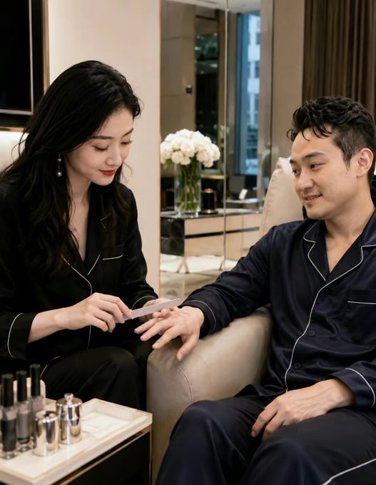 A woman and man in matching navy pajamas sit together in a luxurious room, with the woman examining a card while the man smiles at her.