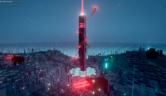 A video game screenshot titled 'ACCRETION' by 'MDV' with the tagline 'GROWN ACROSS THE CHAINS,' showing a tall, glowing red and black tower surrounded by a grid-like landscape under a starry night sky.