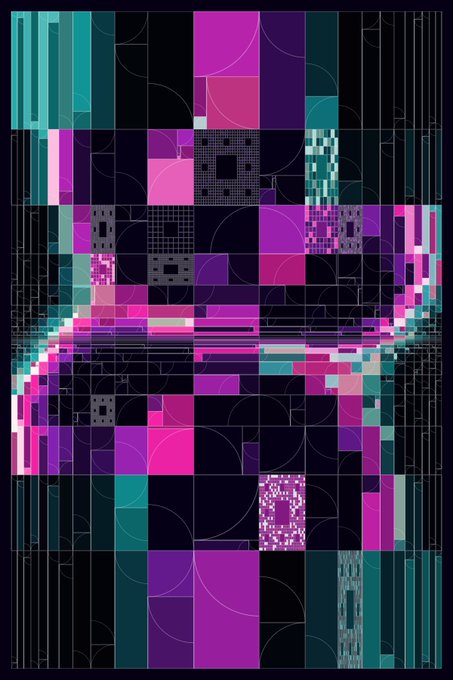 An abstract geometric digital artwork composed of teal, magenta, purple, and black squares and rectangles with white grid lines and circles overlaid.