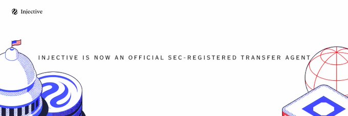 An Injective-branded graphic featuring stylized illustrations of the U.S. Capitol dome and a globe, with the bold text "INJECTIVE IS NOW AN OFFICIAL SEC-REGISTERED TRANSFER AGENT." The image visually reinforces the announcement by symbolizing regulatory legitimacy (the Capitol) alongside global reach (the globe), complementing the news about Injective's Institutional Services becoming an SEC-registered transfer agent for managing security ownership records.