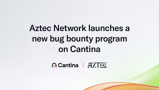 A graphic announces that Aztec Network has launched a new bug bounty program on Cantina, featuring both the Cantina and AZTEC logos. The image reinforces the post's message about their ongoing security initiative with Cantina, inviting security researchers to help identify vulnerabilities and earn rewards for keeping the privacy-focused network resilient.