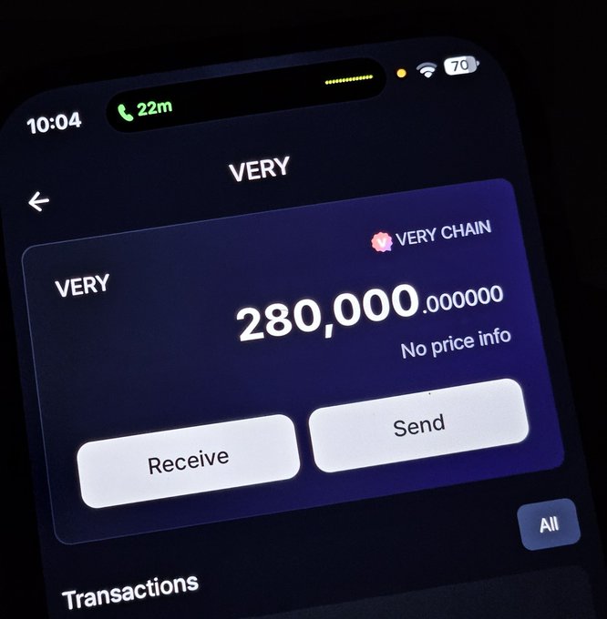 A screenshot of a cryptocurrency wallet app shows a balance of '280,000.00000' VERY tokens on the Very Chain, with 'No price info' displayed above Receive and Send buttons.