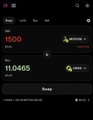 A dark-themed cryptocurrency trading app screen showing a PUMP/USDT limit sell order for 11.0465 tokens at $1500, dated 08/13 19:25:06.
