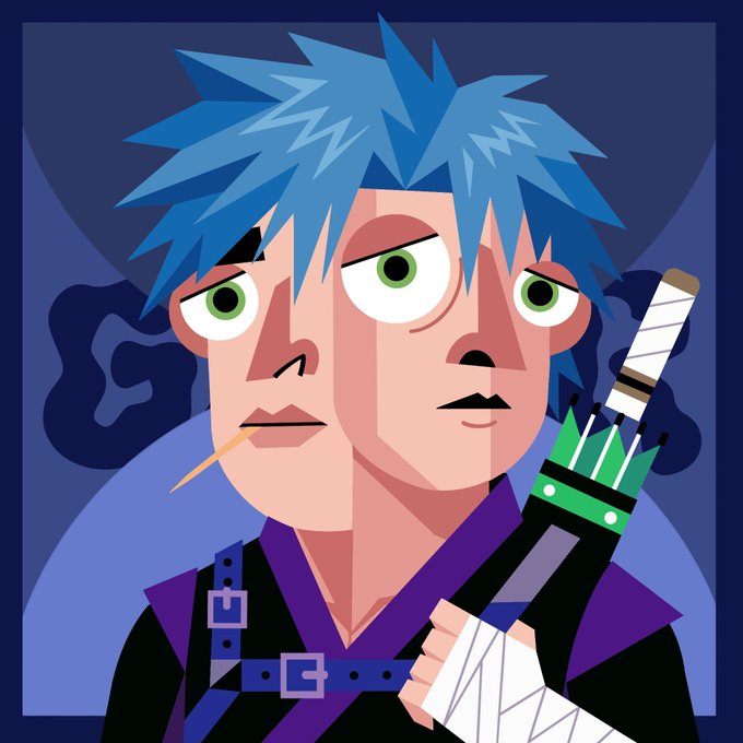 A stylized digital illustration of a blue-haired character with green eyes, smoking a cigarette and holding a sword hilt with arrows strapped to it.