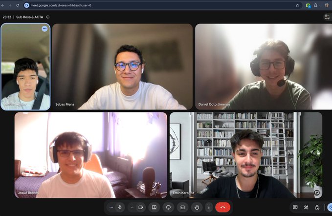 A Google Meet video call screenshot shows five participants in a grid layout, with visible names including "Sub Rosa & ACTA," "Sebas Mena," "Daniel Coto Jimenez," "Josue Brener" and "Emin Karagöz." The "Gm Guys! Big things is coming - Very Soon" message likely signals that an upcoming announcement or reveal will be shared with this group of collaborators.