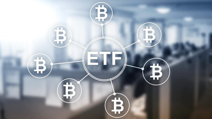 A blurred office backdrop is overlaid with a network graphic featuring a central "ETF" node connected to eight Bitcoin (₿) symbols. The image visually represents the cryptocurrency ETF investment flow discussed in the accompanying post, highlighting the strong inflows into BTC and ETH ETFs led by BlackRock.