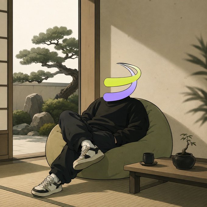 An anime-style illustration shows a person sitting on a green beanbag chair in a room with a Japanese garden view; the person is wearing black clothes and sneakers, with their face obscured by the Solana logo.