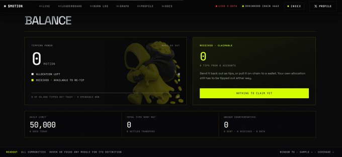 The Shutdown blockchain platform's balance dashboard showing 0 NOTION tokens tipped, with options to claim tokens yet and statistics for daily limit, transferred, and contributors.