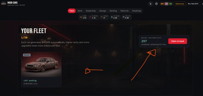 A screenshot of the 'HOOD CARS' fleet management interface showing one unlocked car and '297' unclaimed $HOOD tokens with a 'Claim to bank' button highlighted by hand-drawn arrows.