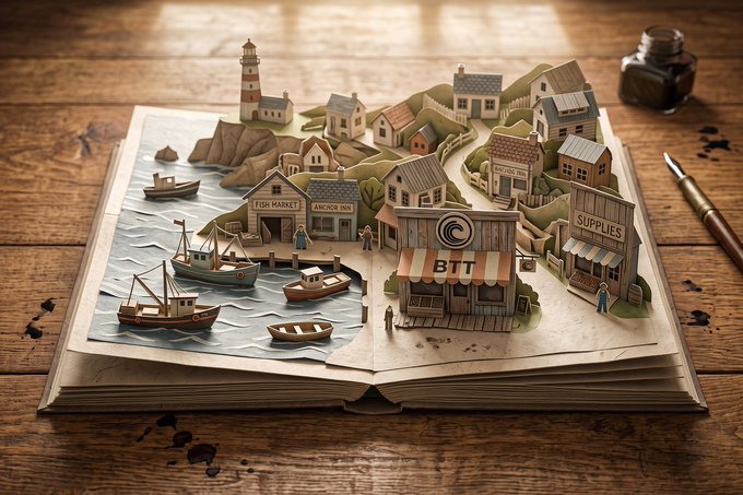 An open pop-up book displaying a 3D paper diorama of a coastal village with a lighthouse, boats, and buildings labeled 'FISH MARKET', 'ANCHOR INN', 'BTT', and 'SUPPLIES', resting on a wooden desk beside an inkwell.