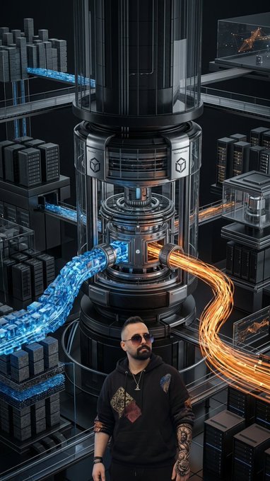A man with tattoos and sunglasses stands in front of a futuristic industrial structure with glowing blue and orange streams of energy flowing through pipes.