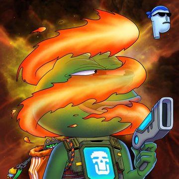 The image features a cartoon character with an orange head, holding a gun and wearing a helmet that has a skull design. The character also has a backpack on their back. The background of the image is dark red, which contrasts with the bright orange hair of the character. There are two other characters in the image: one wearing a blue hat and another wearing a white hat. The post includes text that reads "This is a hard one @TrystanNFT #PepeExplorers".
