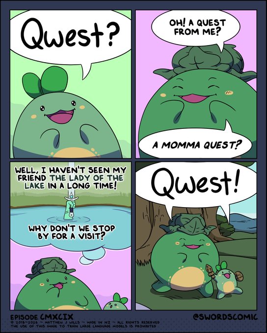A four-panel comic strip featuring green creature characters discussing a 'momma quest' to visit 'the Lady of the Lake,' labeled as Episode CMXCIX by SwordsComic.
