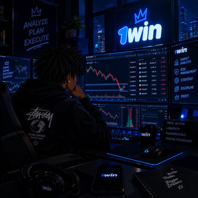 A dark, stylized image of a person at a multi-monitor trading setup displaying BTC/USDT charts, with '1win' branding visible on a neon sign and various screens showing trading-related text including 'ANALYZE PLAN EXECUTE', 'MARKET ANALYSIS', 'RISK MANAGEMENT', and 'Better Trades. Bigger Dreams.'