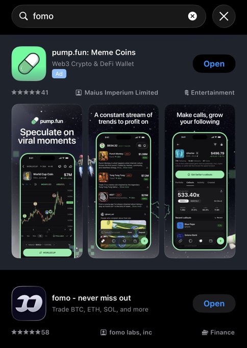 A mobile app store search results page for 'fomo,' displaying the pump.fun Meme Coins app with ads and the fomo trading app for BTC, ETH, and SOL.