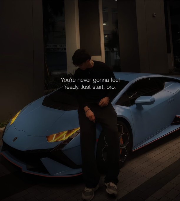 A young man in dark clothing leans casually against a light blue Lamborghini Huracán at night, accompanied by the motivational text "You're never gonna feel ready. Just start, bro." The sleek supercar and bold message align perfectly with the celebratory "GM CT Happy Sunday Funday Frens" vibe, capturing a luxurious, aspirational Sunday moment.