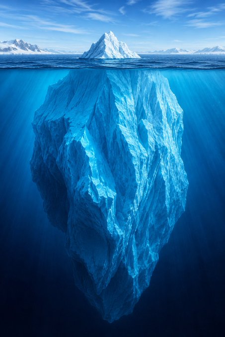 An iceberg floating in the ocean with a small visible peak above water and a massive underwater structure illuminated by sunlight.