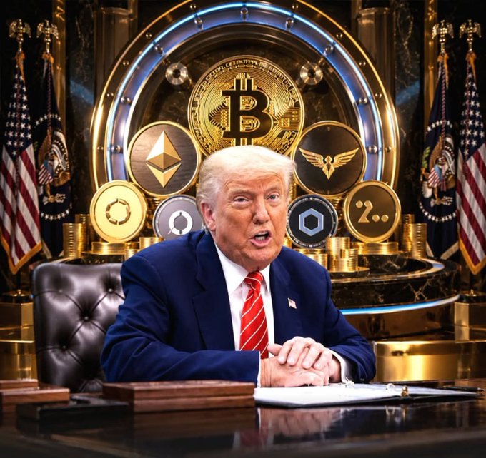 In the image, a man is seated at a black desk with his hands clasped together. There are two American flags on his left side, and two flags possibly affiliated with crypto and money on his right side

This image was likely included to support the claim that Trump is pushing hard for cryptocurrency to get things done in the United States. Although it doesn't provide evidence of that claim, it does seem like Trump does indeed want to move forward with the crypto clarity act and potentially create a possible future with zero appreciation for our present currency called the dollar.