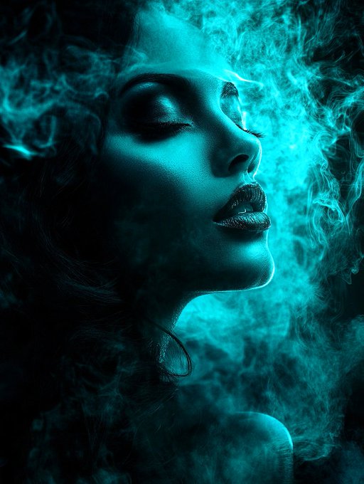 A stylized portrait of a woman with closed eyes surrounded by swirling cyan smoke and illuminated by blue and teal lighting.