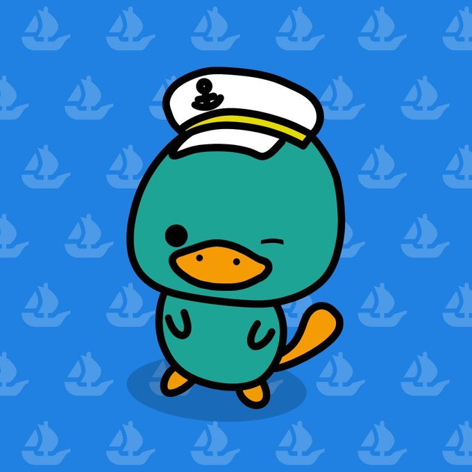 A cartoon illustration of a green duck character winking and wearing a white captain's/sailor hat, set against a blue background patterned with small sailboat icons.