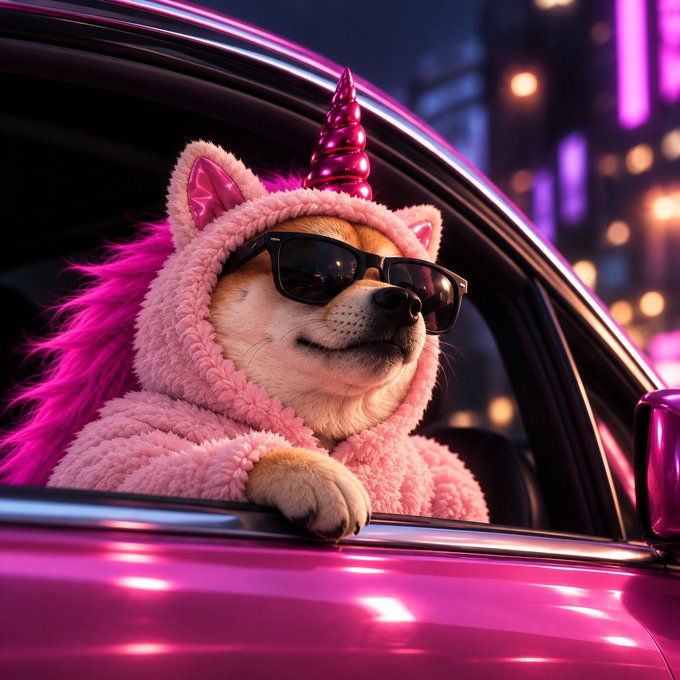 A Shiba Inu dog wearing black sunglasses and a pink unicorn costume with a metallic horn leans out the window of a glossy pink sports car against a neon city background.