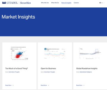 The image features a screenshot of a computer screen displaying a website, specifically the webpage for Market Insights at Citadel Securities. The site has blue navigation bars that guide visitors through various sections of information related to market insights.