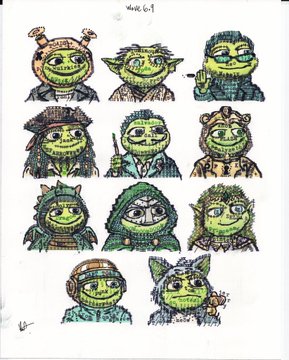 An illustration featuring a grid of ten stylized green goblin-like character heads with various costumes and accessories.