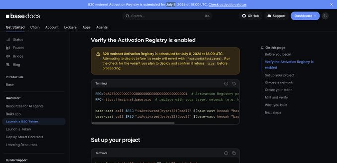 A screenshot of Base documentation showing instructions to 'Verify the Activation Registry is enabled,' with a warning about a B20 mainnet Activation Registry scheduled for July 8, 2026 at 18:00 UTC, including terminal commands for setting up a project.
