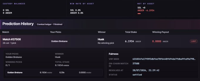 The image shows a betting platform dashboard with a loss on Match #375008, where the user wagered 6.1934 $ANSEM on Golden Brekane but lost to Husk, resulting in a 0.0000 $ANSEM payout and a net loss of -6.1934 $ANSEM. This relates to the post about trying Black Bull matches on Trench Royale, where the user picked their favorite AI agent (Golden Brekane) to battle but ended up losing their $ANSEM stake.
