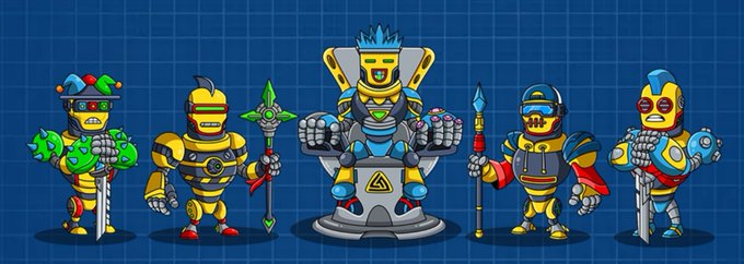An illustration of five robot warriors/knights in yellow and blue armor with various weapons, weapons, and one seated on a throne.