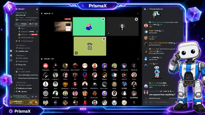 A screenshot of a Discord-like interface branded 'PrismaX,' showing a voice channel with two participants, a chat with multiple NFT profile pictures, and a robot mascot on the right side.
