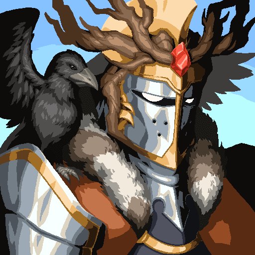A pixel art illustration of a knight in golden armor with antler-like horns and a red gem, accompanied by a black raven perched on his shoulder.