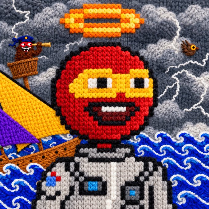 A cross-stitch artwork depicting a character with a red hood and yellow goggles sailing on a boat through stormy seas with a crow pirate lookout.