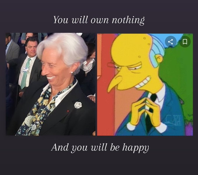 The image is a meme juxtaposing a smiling Christine Lagarde, former head of the IMF and current ECB President, with Mr. Burns from The Simpsons, both paired with the ominous caption "You will own nothing, And you will be happy." The accompanying post's quip "I don't see any difference" humorously implies the two share the same sinister, money-hoarding demeanor, drawing a satirical parallel between Lagarde's well-known "you'll own nothing and be happy" rhetoric and Mr. Burns' greedy, scheming personality.