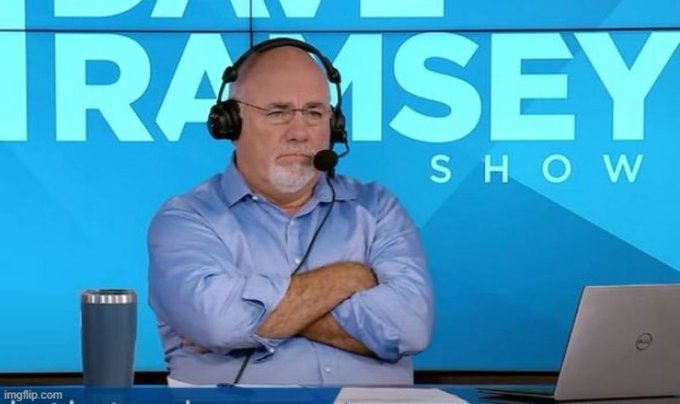 A frustrated Dave Ramsey sits with arms crossed in his studio, wearing headphones and a headset mic, in front of a "RAMSEY SHOW" backdrop, with a water bottle and Dell laptop on his desk—his annoyed expression fittingly matching the post's jab at his refusal to buy $ICP despite its developments.