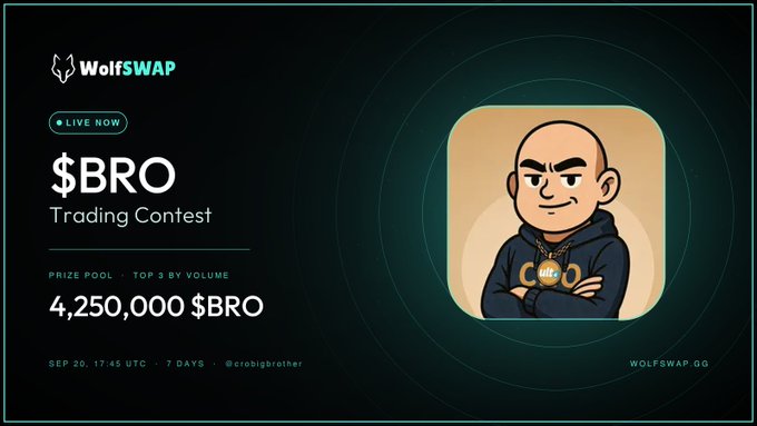 Promotional banner for WolfSWAP announcing a '$BRO Trading Contest' with a prize pool of 4,250,000 $BRO, featuring a cartoon character wearing a BRO necklace, dated SEP 20, 17:45 UTC for 7 days.