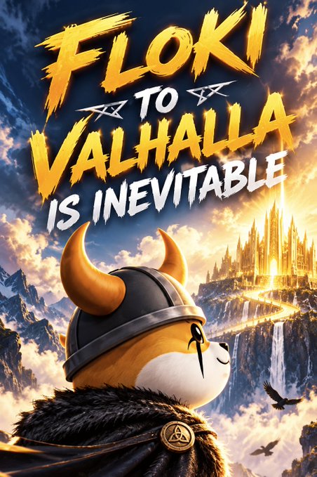 A promotional graphic reads 'FLOKI TO VALHALLA IS INEVITABLE' featuring a Shiba Inu dog wearing a Viking helmet with Valhalla castle in the background.