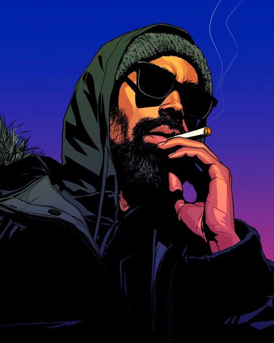 The image features a man with a beard, wearing sunglasses and holding a cigarette. The background of the image is dark blue, which contrasts with the man's attire and adds depth to the scene. The caption at the bottom of the image reads "Goodnight frens We go again tomorrow. @quipnetwork Art by @IThinkItsArt". This text connects the visual elements in the image - the man smoking a cigarette, his dark clothing, and the dark blue background - with the post's theme or message about going to sleep.