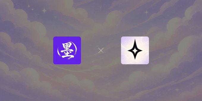 A promotional graphic on a pastel purple cloud background showing a collaboration between two app icons: a purple icon with the Chinese character 墨 (Mo) and a white icon with a diamond/sparkle symbol.