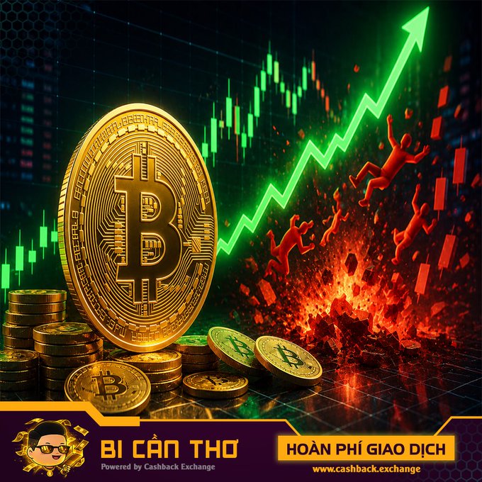 A promotional graphic featuring a large gold Bitcoin coin in front of a rising green price chart and red candlesticks, branded 'BÍ CÂN THƠ' by Cashback Exchange offering transaction fee refunds.