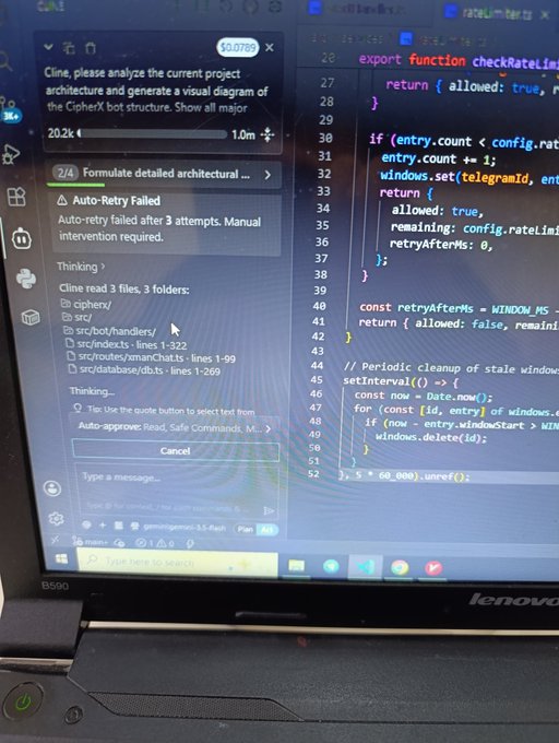 A laptop screen displays the Cline AI coding assistant analyzing a CipherX bot project, with a chat interface showing an auto-retry failure message and visible JavaScript code in the background.