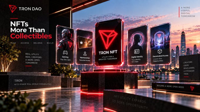 A promotional banner for 'TRON DAO' titled 'NFTs More Than Collectibles,' showing various NFT utility cards like Gaming, Memberships, and Digital Identity.