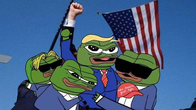 A defiant Pepe the Frog with a blonde Trump hairstyle raises his fist in front of an American flag, flanked by suited frogs wearing sunglasses and a "Make America Great Again" hat, satirizing Trump's "FIGHT FIGHT FIGHT" rally moment and fitting the post's theme of memecoin culture by combining Pepe symbolism with Trump imagery alongside a red hat.