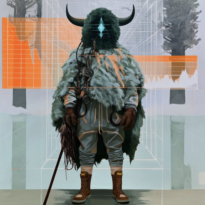 A digital painting of a figure wearing a horned fur cloak and holding a staff, standing against a background with abstract orange and white geometric shapes.