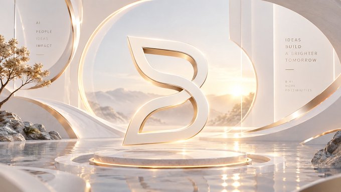 An elegant, golden promotional image featuring a stylized 3D letter 'B' on a pedestal with text including 'AI', 'PEOPLE', 'IDEAS', and 'IMPACT'.