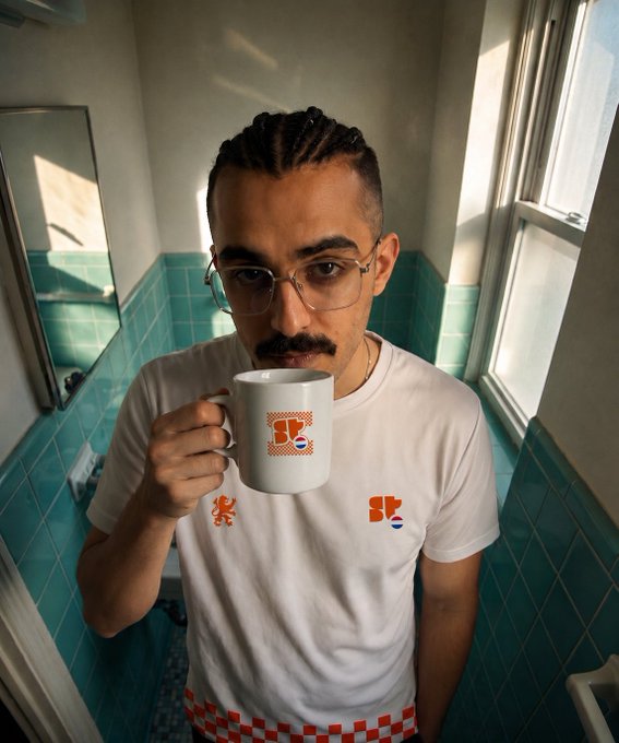 A man with braided hair, a mustache, and glasses sips from a white mug while standing in a bathroom with teal tiles. He wears a white t-shirt featuring an orange checkered design and a lion crest, with a Pepsi logo visible on both the shirt and mug.