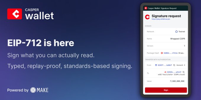 A promotional graphic for Casper Wallet announcing EIP-712, featuring a sample signature request interface on a smartphone.