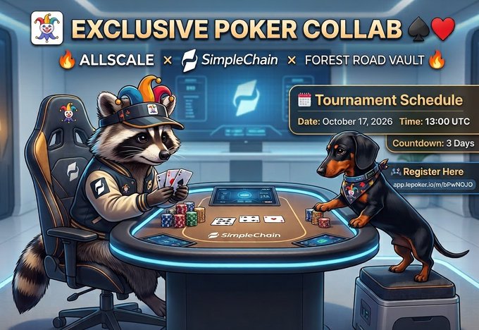 An "EXCLUSIVE POKER COLLAB" promotional graphic advertises a partnership between ALLSCALE, SimpleChain, and FOREST ROAD VAULT, featuring a cartoon raccoon and dachshund at a poker table with a tournament scheduled for October 17, 2026.