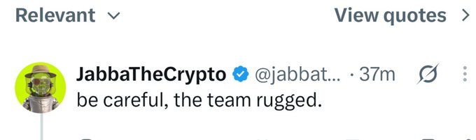 A tweet screenshot from verified user JabbaTheCrypto (@jabbat...) posted 37 minutes ago warning: 'be careful, the team rugged.'