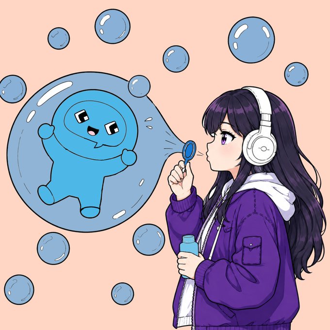 An anime-style illustration shows a girl with long dark hair and headphones blowing a bubblegum bubble that contains a small, cute blue character surrounded by floating bubbles.
